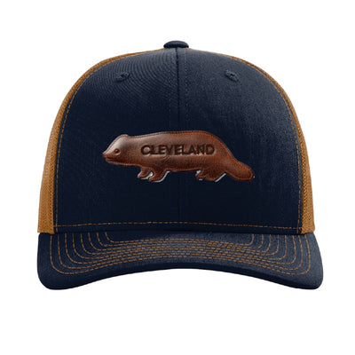 Leather fisher patch trucker hat, Cleveland — Navy/Caramel
