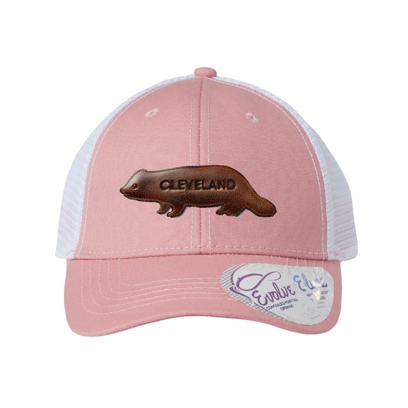 Leather fisher patch trucker hat, Cleveland — Dusty Rose/White Ponytail