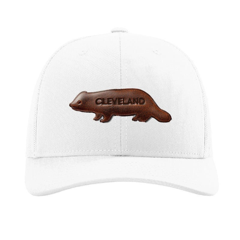 Leather fisher patch trucker hat, Cleveland — White