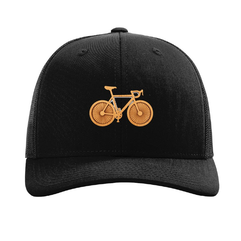 Wood bicycle patch trucker hat, Cleveland Lakefront Trail — Black