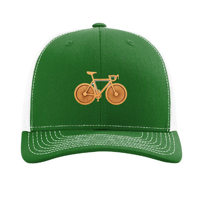 Wood bicycle patch trucker hat, Cleveland Lakefront Trail — Kelly Green/White