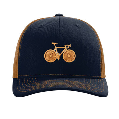 Wood bicycle patch trucker hat, Cleveland Lakefront Trail — Navy/Caramel