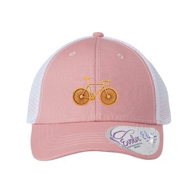 Wood bicycle patch trucker hat, Cleveland Lakefront Trail — Dusty Rose/White (Ponytail)
