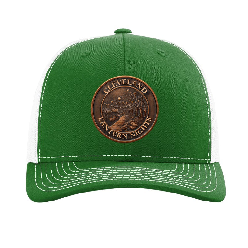 Cleveland Lantern Nights patch on a Richardson 112 trucker hat, Kelly/White