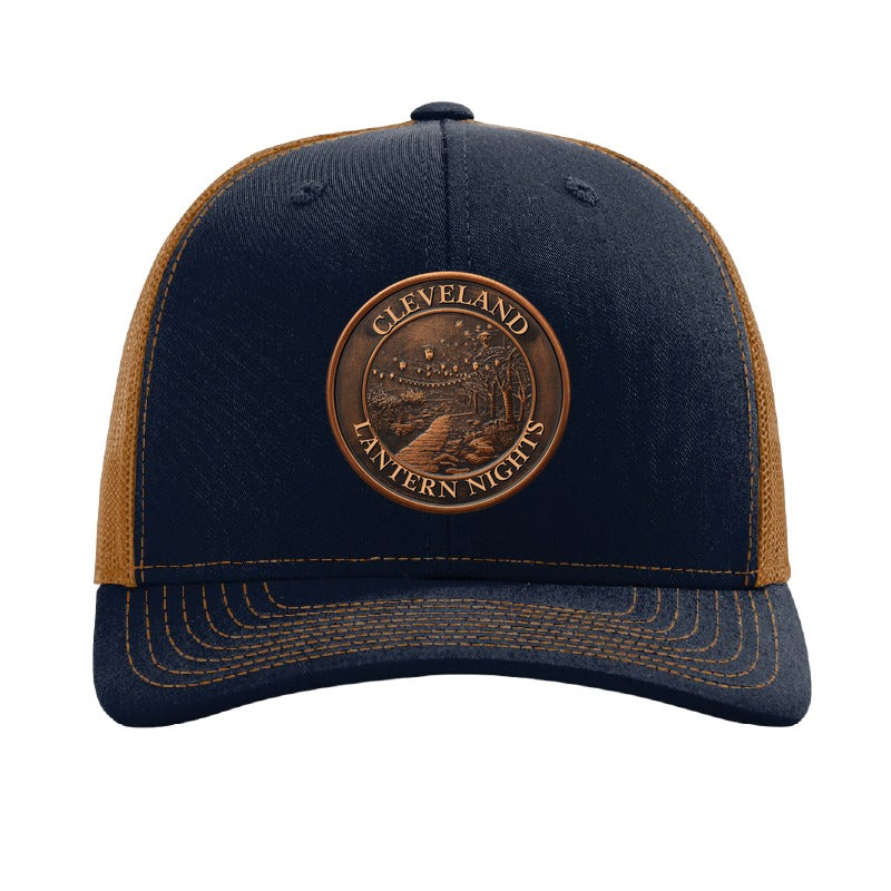 Cleveland Lantern Nights patch on a Richardson 112 trucker hat, Navy/Caramel