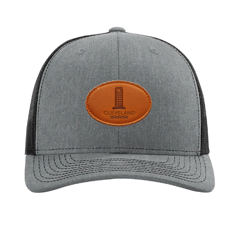 Leather tower patch trucker hat, Cleveland lakefront — Heather Grey/Black
