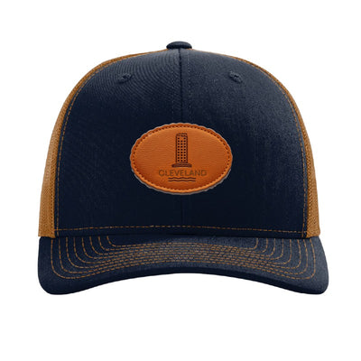 Leather tower patch trucker hat, Cleveland lakefront — Navy/Caramel