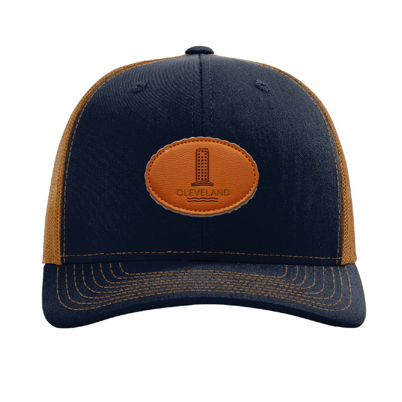 Leather tower patch trucker hat, Cleveland lakefront — Navy/Caramel