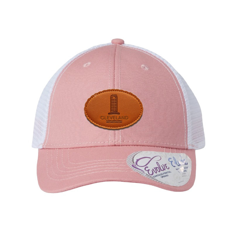 Leather tower patch trucker hat, Cleveland lakefront — Dusty Rose/White Ponytail