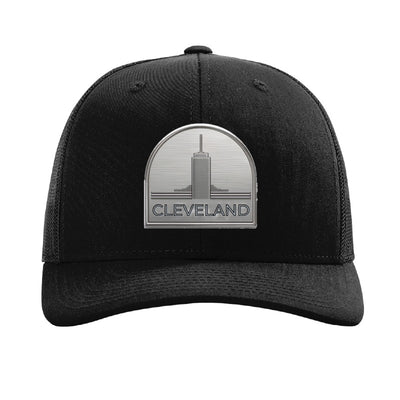 Metal tower patch trucker hat, Cleveland Erieview — Black