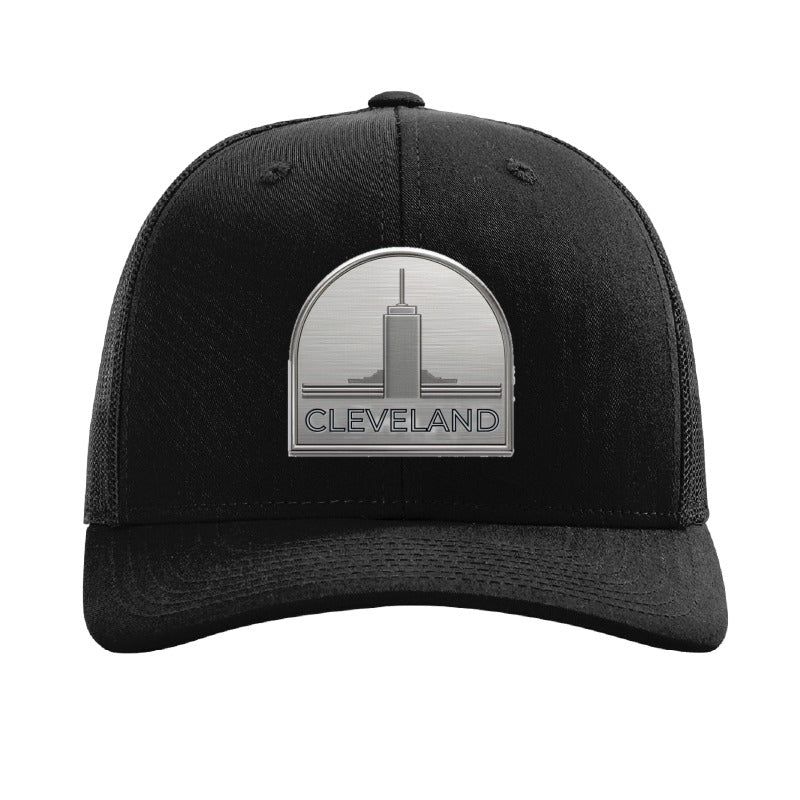 Metal tower patch trucker hat, Cleveland Erieview — Black