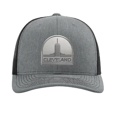 Metal tower patch trucker hat, Cleveland Erieview — Heather Grey/Black