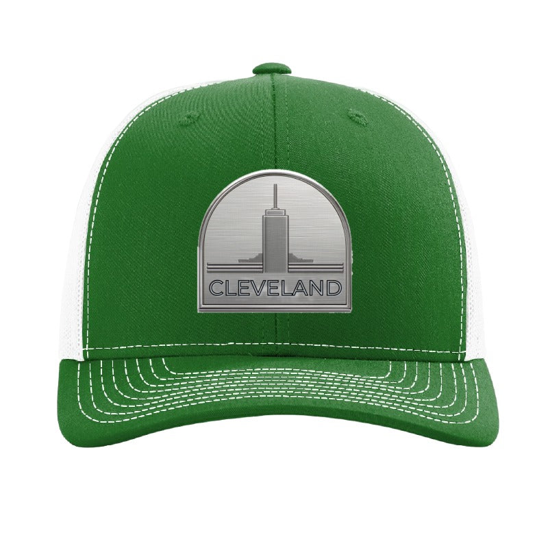 Metal tower patch trucker hat, Cleveland Erieview — Kelly/White