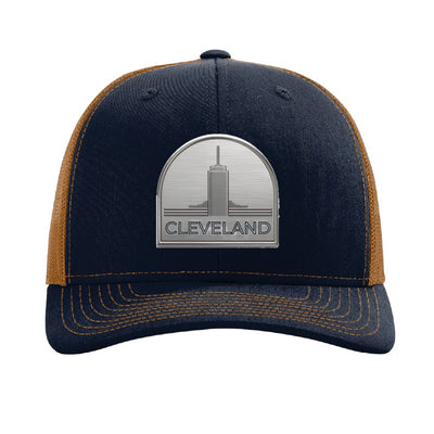 Metal tower patch trucker hat, Cleveland Erieview — Navy/Caramel