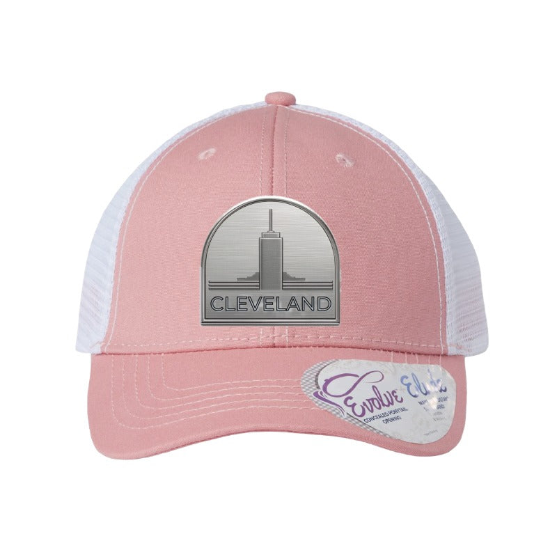 Metal tower patch trucker hat, Cleveland Erieview — Dusty Rose/White Ponytail