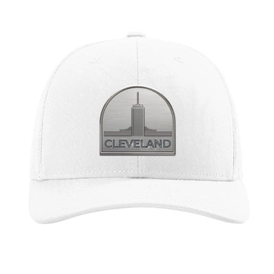 Metal tower patch trucker hat, Cleveland Erieview — White