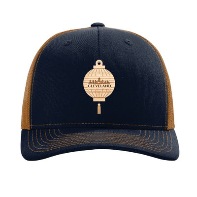 Cleveland Paper Lantern patch on a Richardson 112 trucker hat, Navy/Caramel