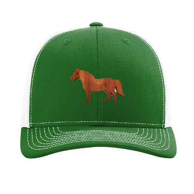 Wood horse patch trucker hat, Cleveland mounted unit — Kelly/White