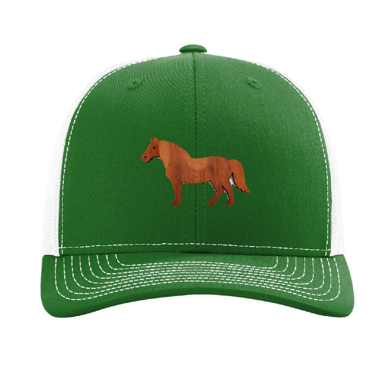 Wood horse patch trucker hat, Cleveland mounted unit — Kelly/White