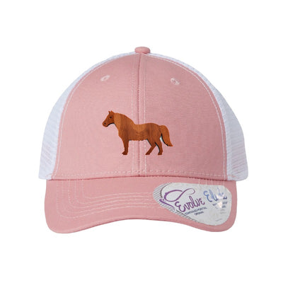 Wood horse patch trucker hat, Cleveland mounted unit — Dusty Rose/White Ponytail