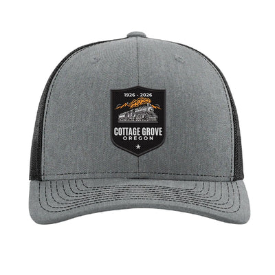 Carbon fiber train and trestle patch trucker hat, Cottage Grove 1926 — Heather Grey/Black
