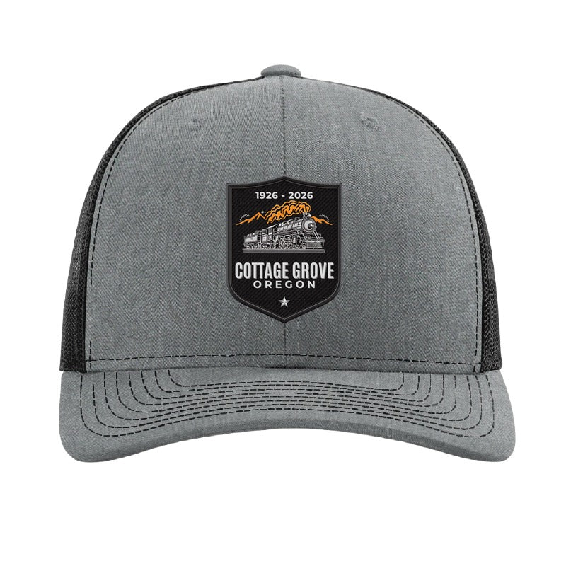 Carbon fiber train and trestle patch trucker hat, Cottage Grove 1926 — Heather Grey/Black
