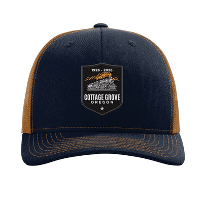 Carbon fiber train and trestle patch trucker hat, Cottage Grove 1926 — Navy/Caramel