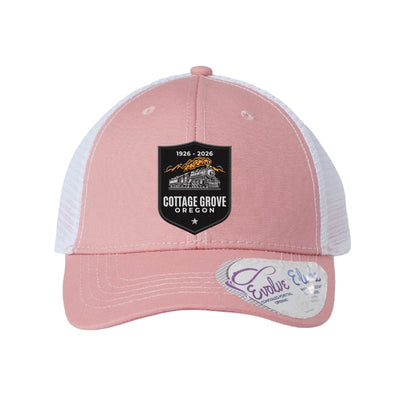 Carbon fiber train and trestle patch trucker hat, Cottage Grove 1926 — Dusty Rose/White (Ponytail)