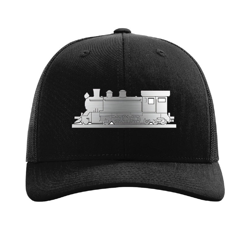 Metal steam train patch trucker hat, Cottage Grove Oregon — Black