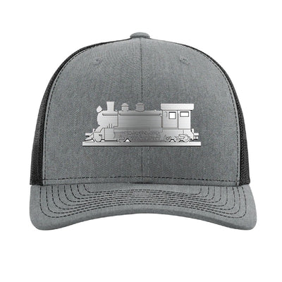 Metal steam train patch trucker hat, Cottage Grove Oregon — Heather Grey/Black