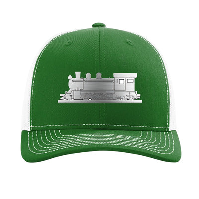 Metal steam train patch trucker hat, Cottage Grove Oregon — Kelly Green/White