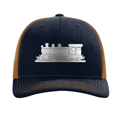 Metal steam train patch trucker hat, Cottage Grove Oregon — Navy/Caramel