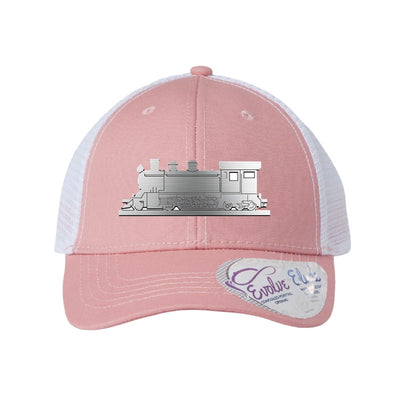 Metal steam train patch trucker hat, Cottage Grove Oregon — Dusty Rose/White (Ponytail)
