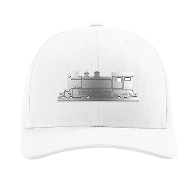 Metal steam train patch trucker hat, Cottage Grove Oregon — White