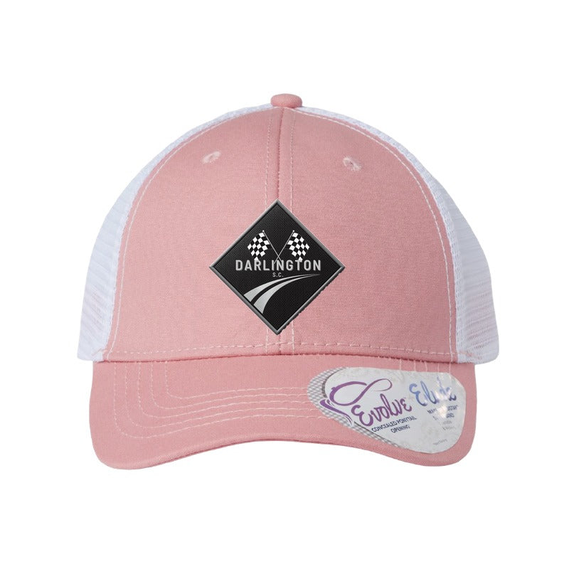 Darlington stock car patch hat — Dusty Rose/White Ponytail