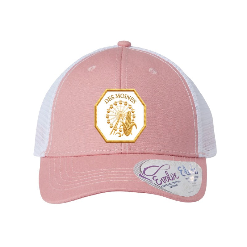 Des Moines ferris wheel patch hat — Dusty Rose/White (Ponytail)