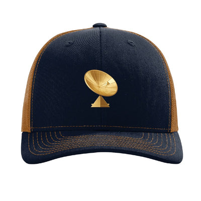 Gold dish antenna patch trucker hat, Goldstone California — Navy/Caramel