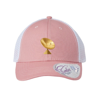 Gold dish antenna patch trucker hat, Goldstone California — Dusty Rose/White (Ponytail)