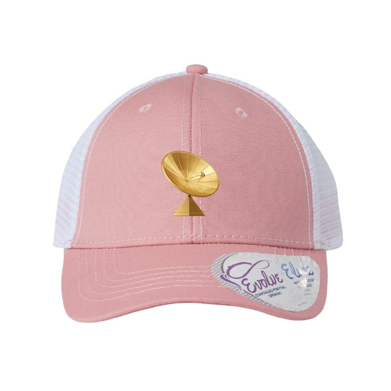 Gold dish antenna patch trucker hat, Goldstone California — Dusty Rose/White (Ponytail)