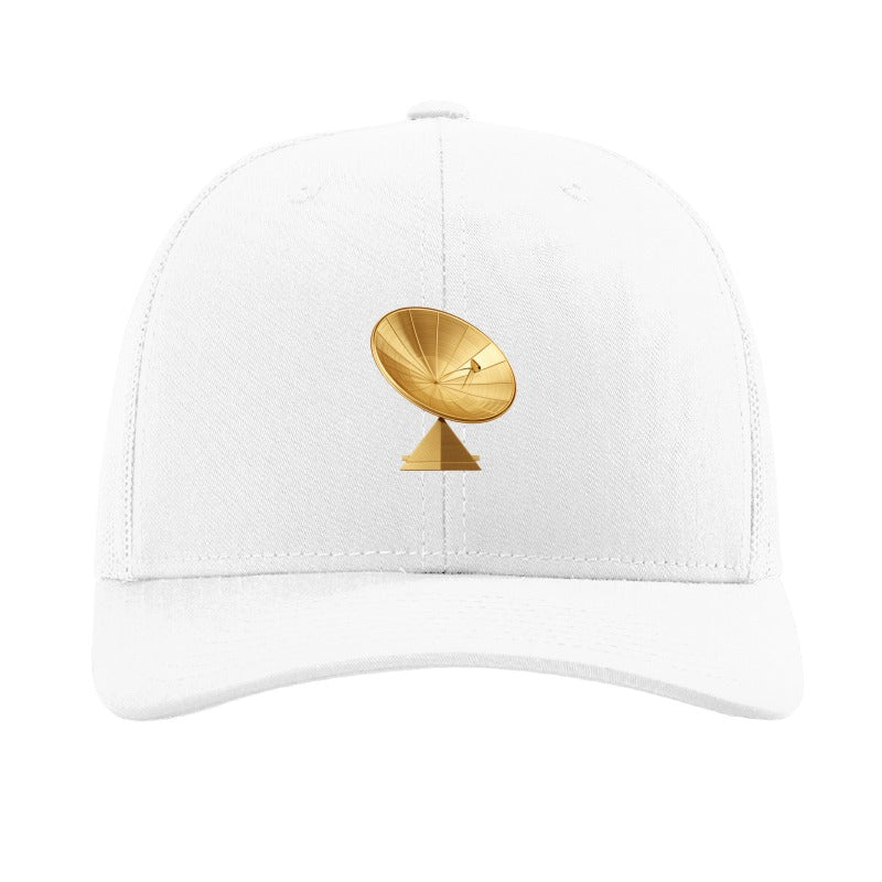 Gold dish antenna patch trucker hat, Goldstone California — White