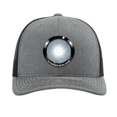 Black anodized aluminum harvest moon patch trucker hat, Avon Lake Ohio - Heather Grey/Black