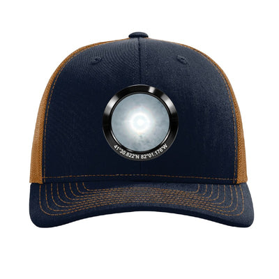 Black anodized aluminum harvest moon patch trucker hat, Avon Lake Ohio - Navy/Caramel