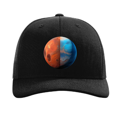 Brushed aluminum Mars planet patch trucker hat, Jezero Crater - Black