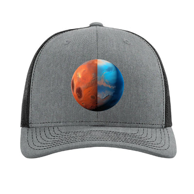Brushed aluminum Mars planet patch trucker hat, Jezero Crater - Heather Grey/Black