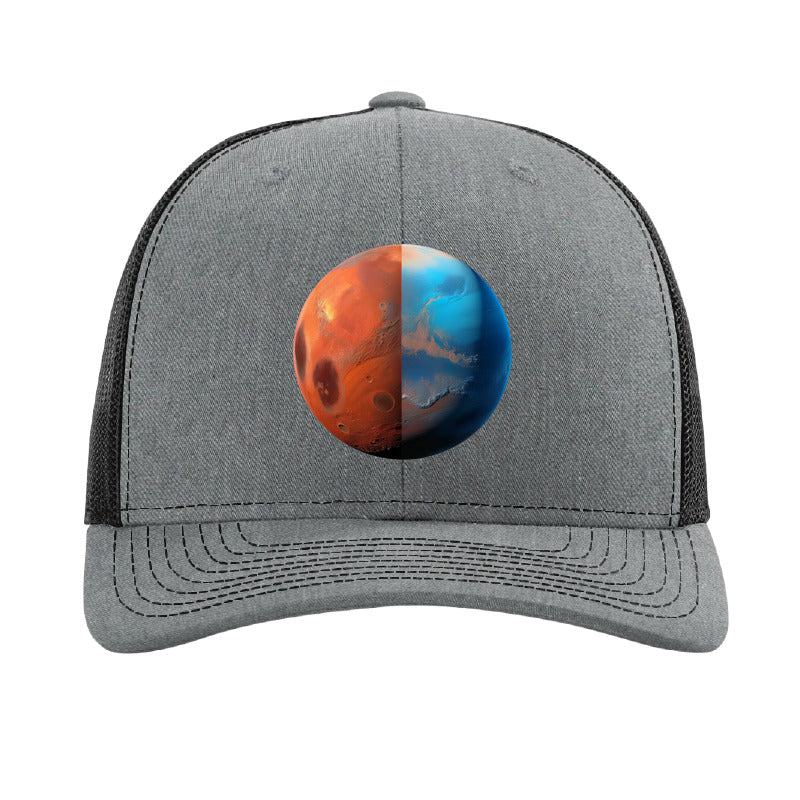 Brushed aluminum Mars planet patch trucker hat, Jezero Crater - Heather Grey/Black