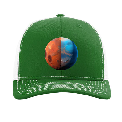Brushed aluminum Mars planet patch trucker hat, Jezero Crater - Kelly/White
