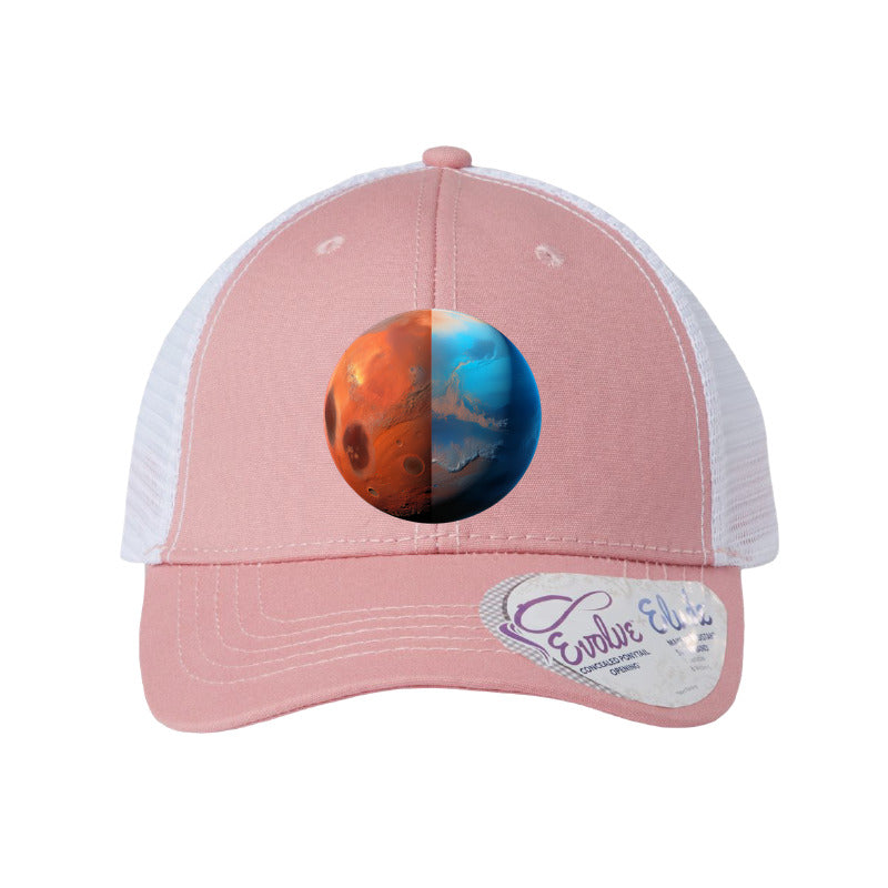 Brushed aluminum Mars planet patch trucker hat, Jezero Crater - Dusty Rose/White Ponytail