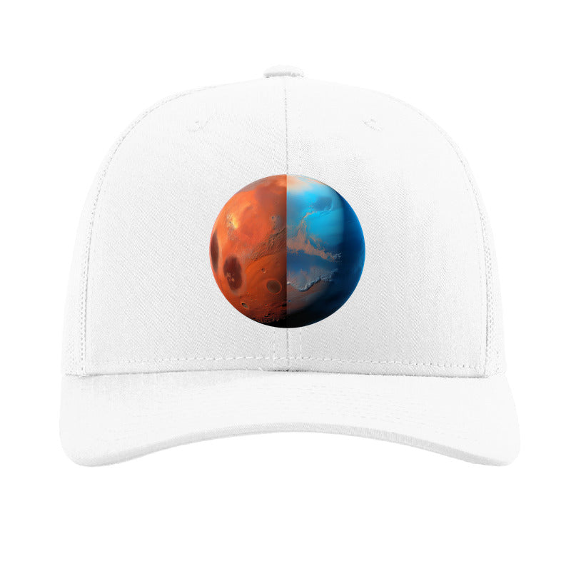 Brushed aluminum Mars planet patch trucker hat, Jezero Crater - White