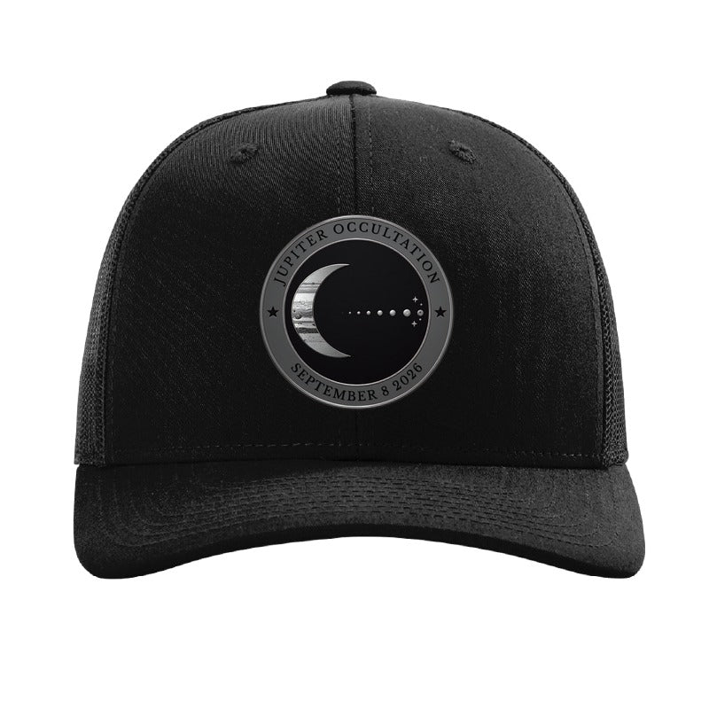 Steel Moon and Jupiter patch trucker hat, September 8 2026 occultation — Black
