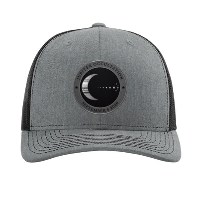 Steel Moon and Jupiter patch trucker hat, September 8 2026 occultation — Heather Grey/Black